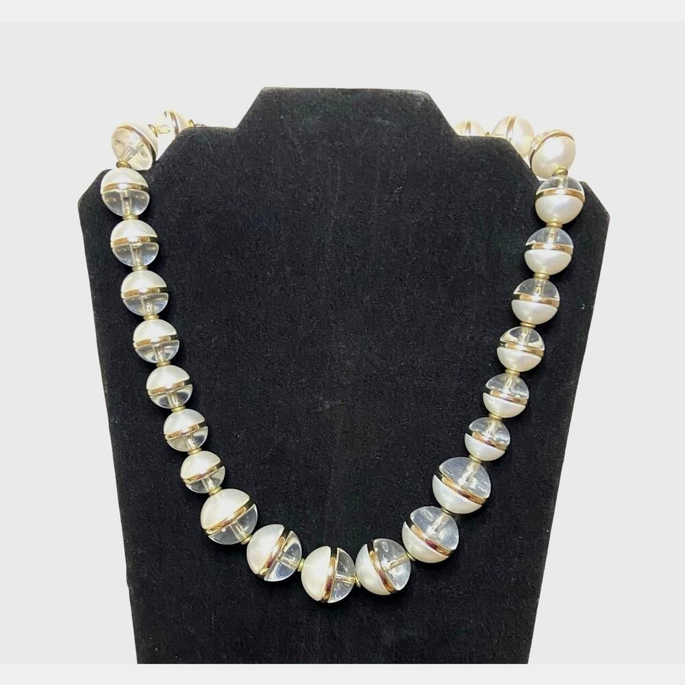 Coldwater Creek Lucite and Faux Pearl Necklace 20' to 23" Gold Tone Large Beads